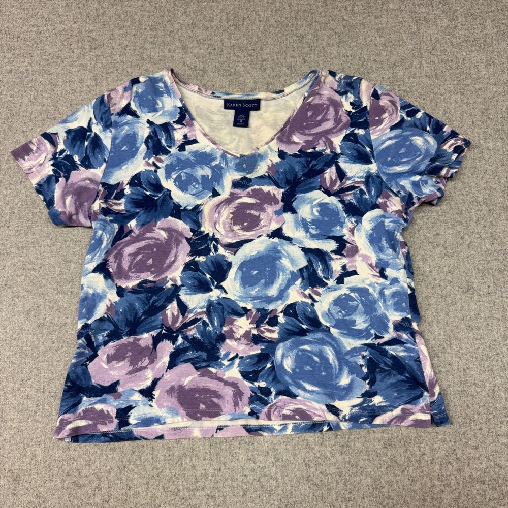 Karen Scott Floral Rose Top Medium Blue Purple V-Neck Cotton Short Sleeve Tee